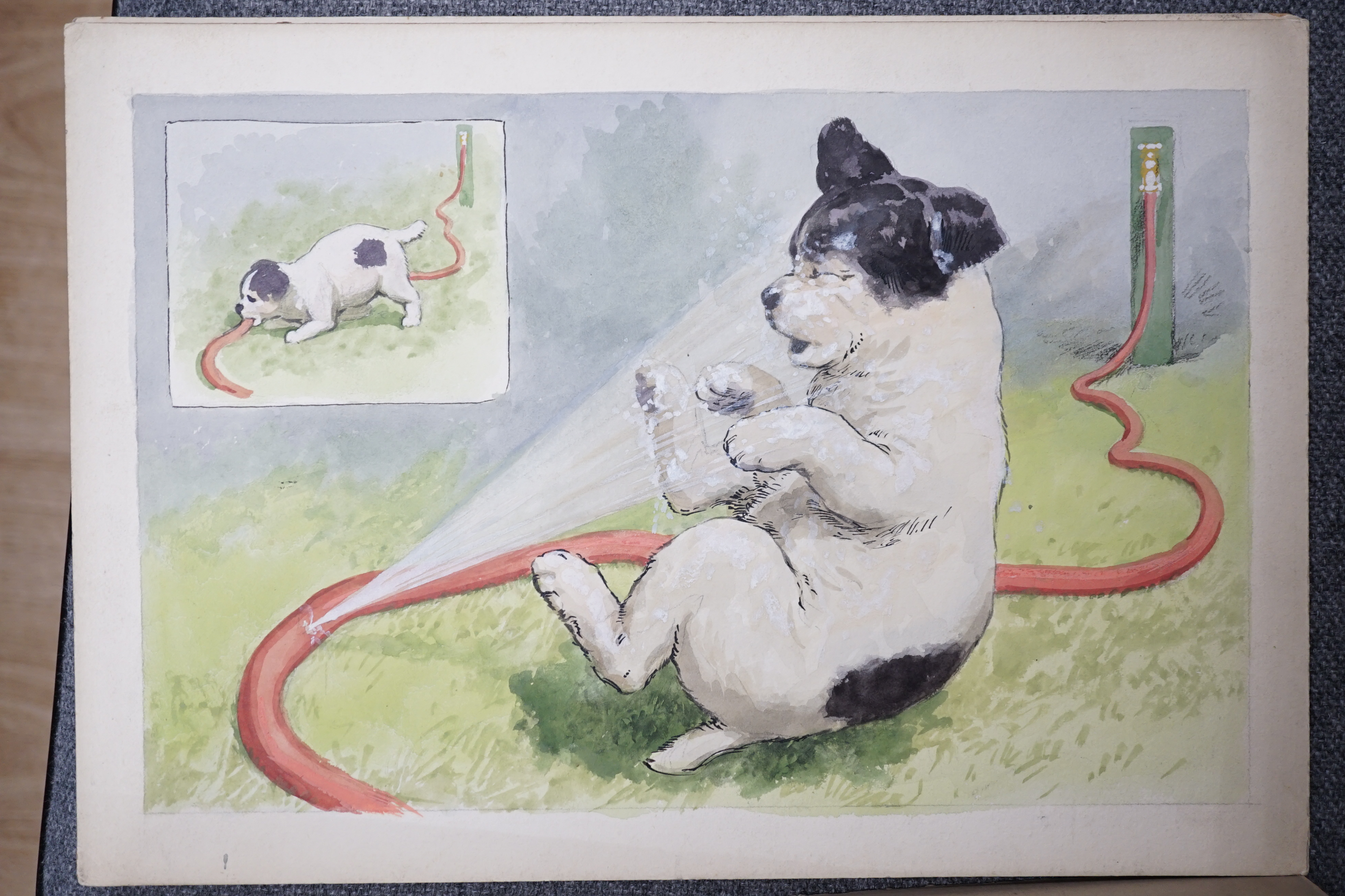 Charles Thomas Howard (1865-1942), set of six original watercolours for postcard designs, humorous dogs, unframed, 22 x 32cm. Condition- fair to good